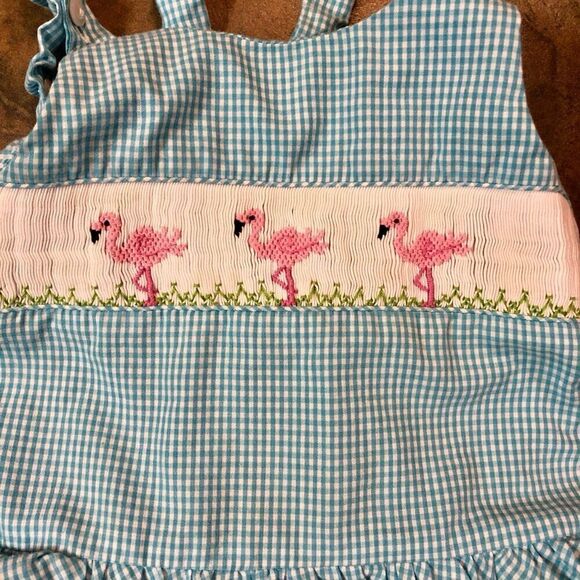 Silly Goose Flamingo Blue Checkered Smock size 4T - Picture 2 of 7